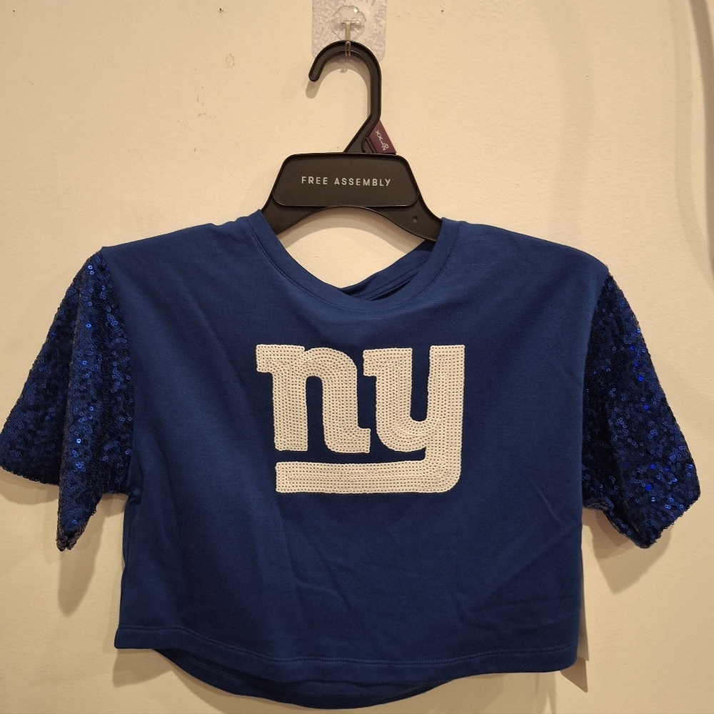 Girls NY Giants Blue & White Sequins Mid Riff Shirt